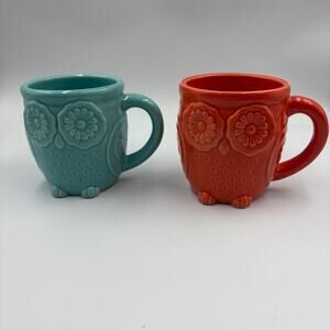 Cracker Barrel Owl Coffee Mugs Set of 2 Teal Coral Orange Ceramic Floral